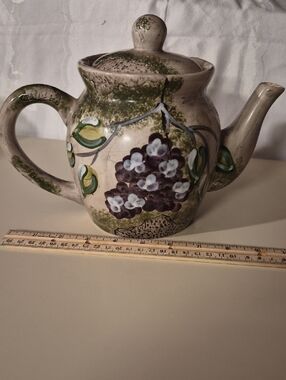 Hand-Painted Covered Ceramic Teapot with Grape Motif -
